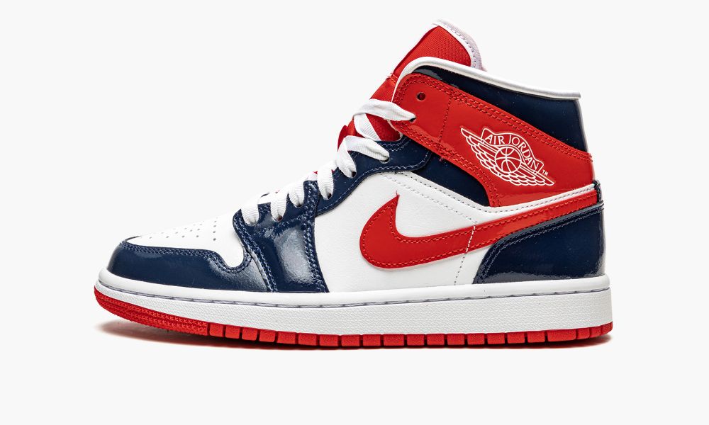 Nike Air Jordan 1 Mid "Patent Usnje Navy / White / Red" Ženske Čevlji Bele Rdeče Modre Temno Modre | Slovenija-2601839