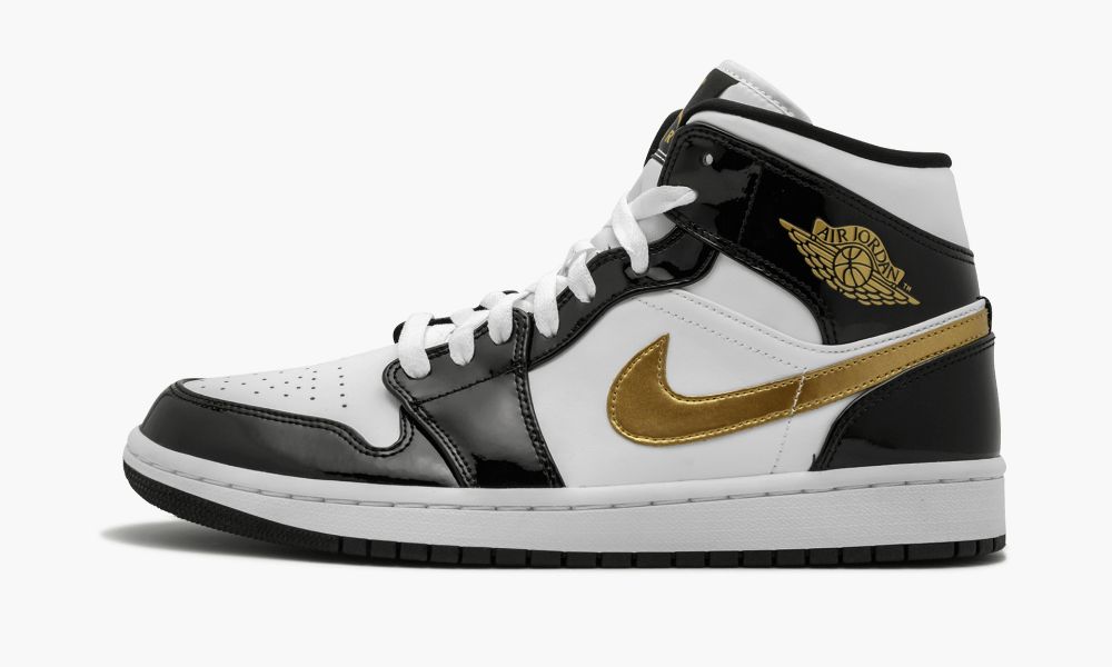 Nike Air Jordan 1 Mid SE "Black Gold Patent Usnje" Moški Čevlji Črne Bele Zlate | Slovenija-9726518